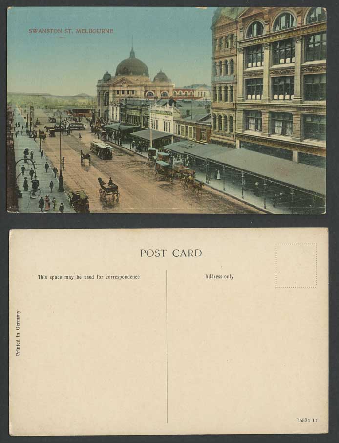 Australia Old Postcard Swanston Street Scene Melbourne, TRAM, Cafe, Stainer & Co
