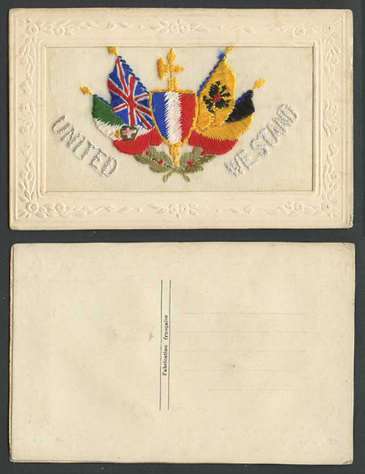 WW1 SILK Embroidered Old Postcard United We Stand, Flags, Coat of Arms - Novelty