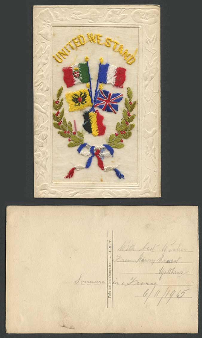 WW1 SILK Embroidered 1915 Old Postcard United We Stand Flag Coat of Arms Novelty