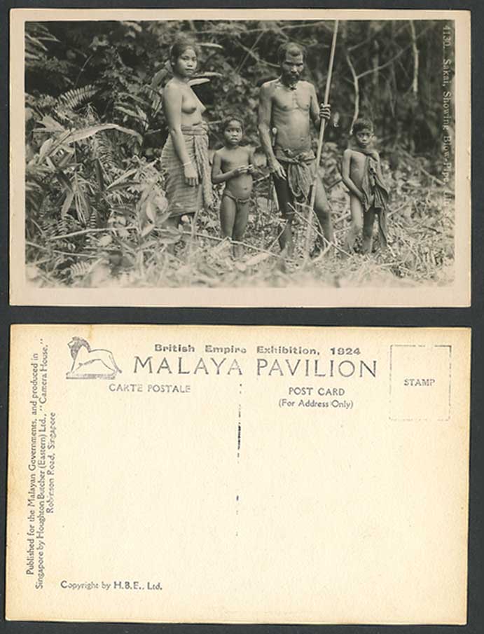 Perak Sakai Blow-Pipe Ulu Ser Woman Children Empire Exhibition 1924 Old Postcard