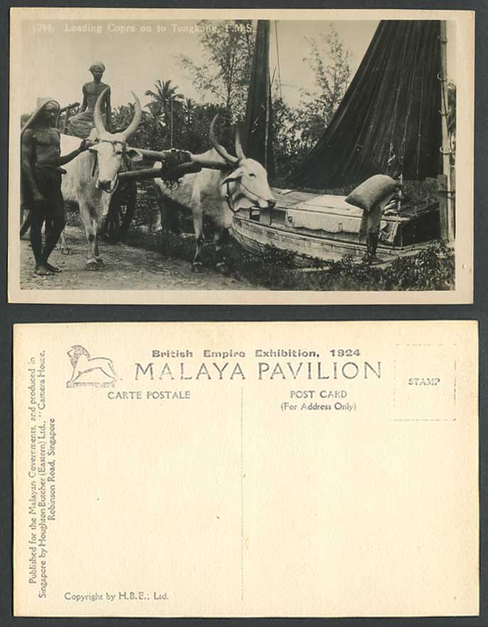 FMS Malaya Loading Copra to Tongkang British Empire Exhibition 1924 Old Postcard