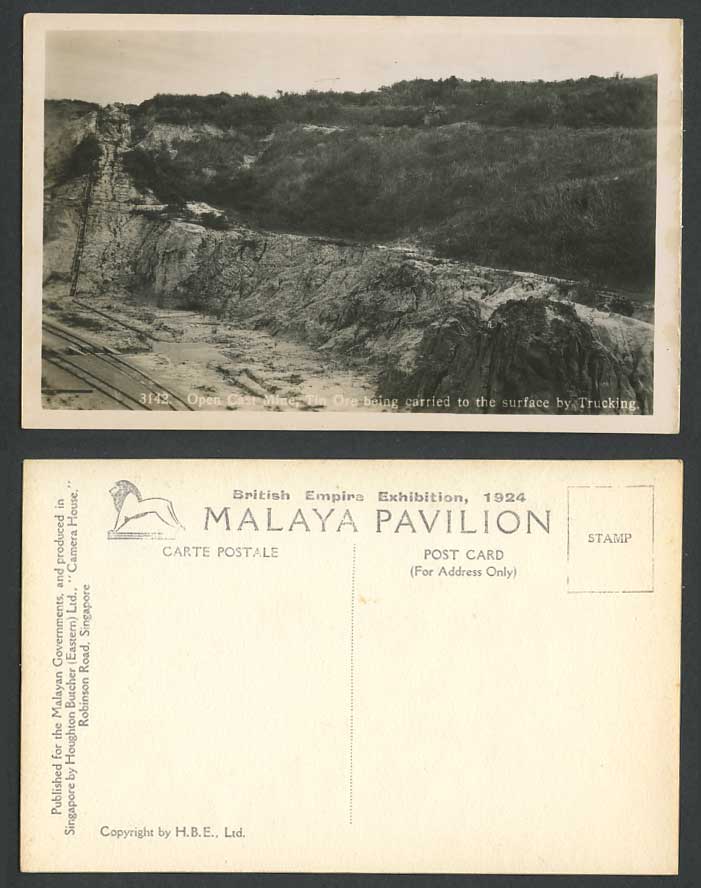 Malay Open Cast Mine Tin Ore Carried to Surface by Trucking 1924 Old RP Postcard