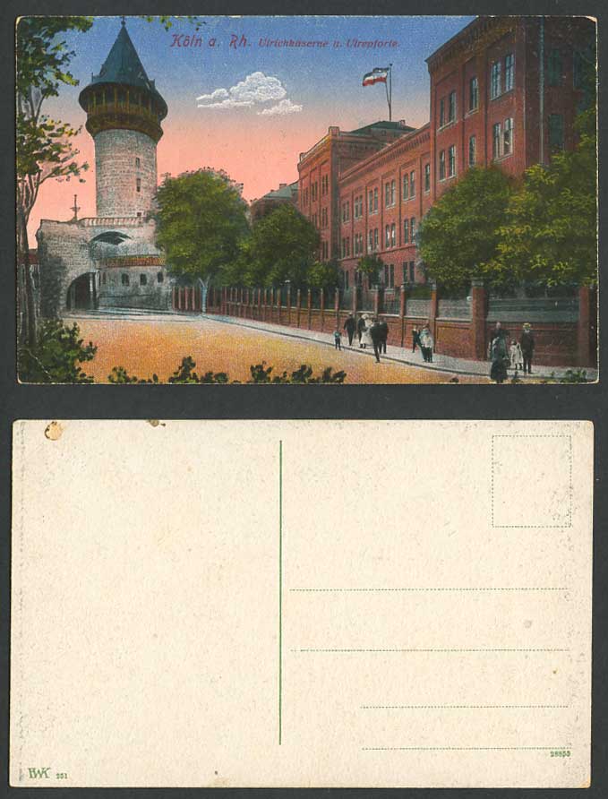 Germany Cologne Old Postcard Ulrichkaserne Ulrepforte Barracks Tower Flag Street