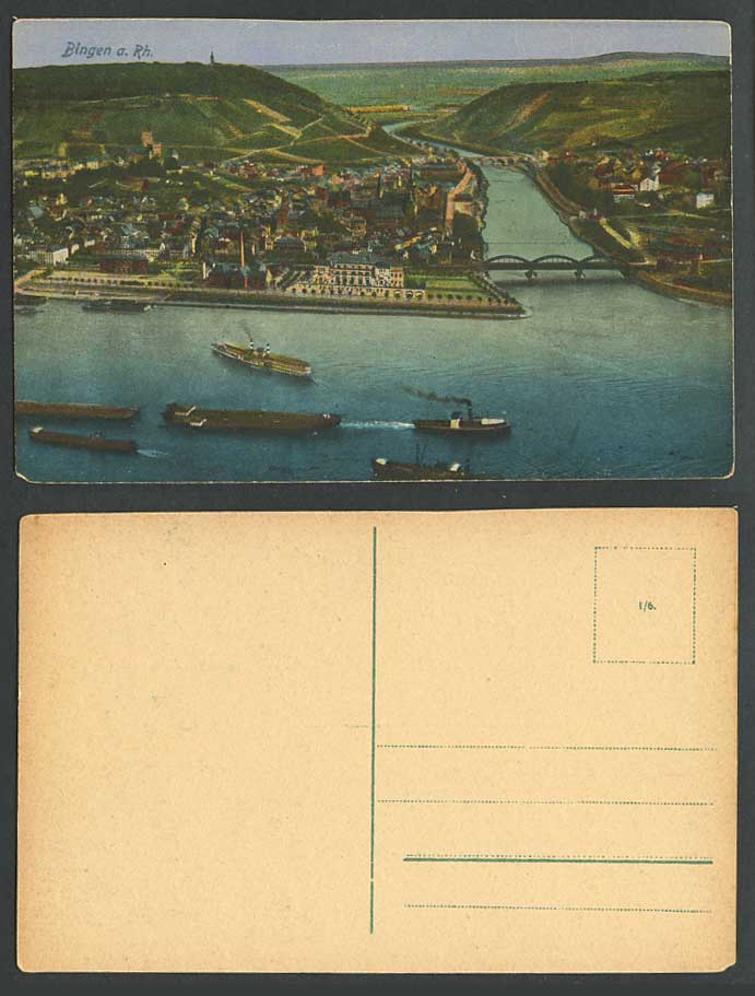 Germany Old Postcard Bingen a. Rh. Bridges River Scene Steamer Ships Panorama
