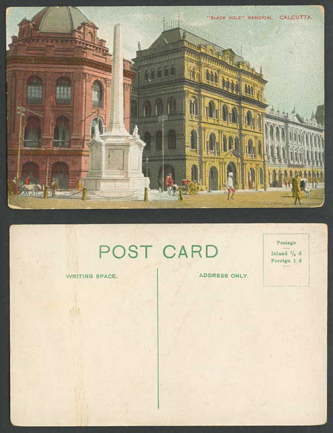 India Old Colour Postcard BLACK HOLE MEMORIAL Monument Street Scene Calcutta