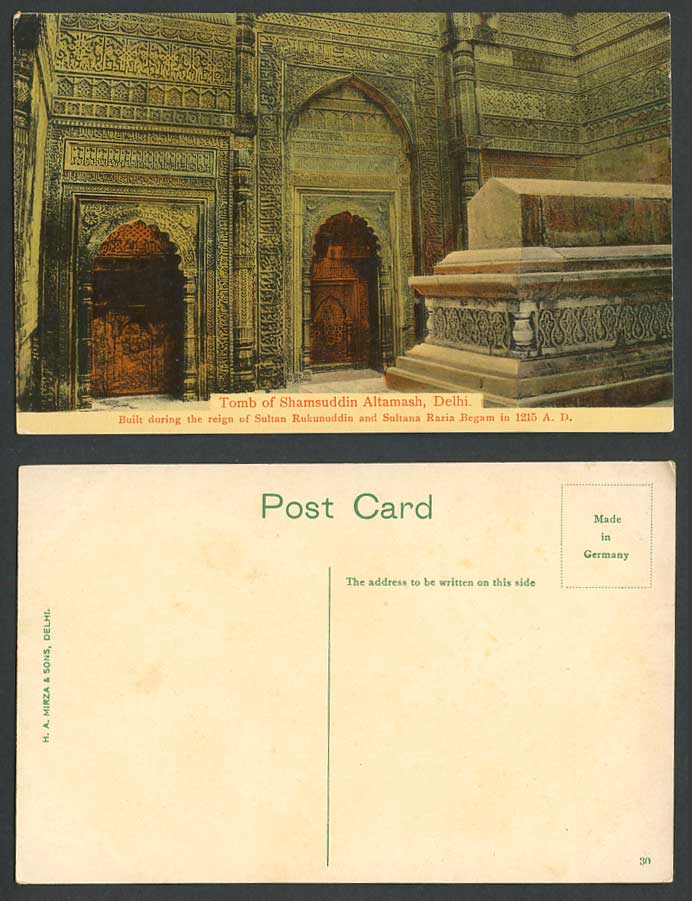 India Old Colour Postcard Tomb of Shamsuddin Altamash DELHI by Sultan Rukunuddin