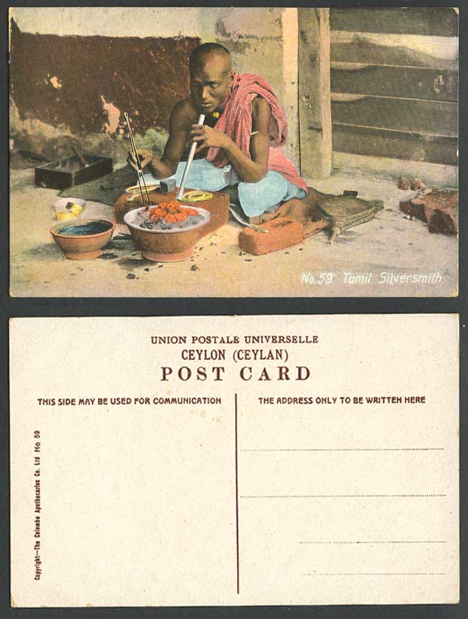 Ceylon Old Colour Postcard Native TAMIL SILVERSMITH Silver Craftsman Ethnic Life