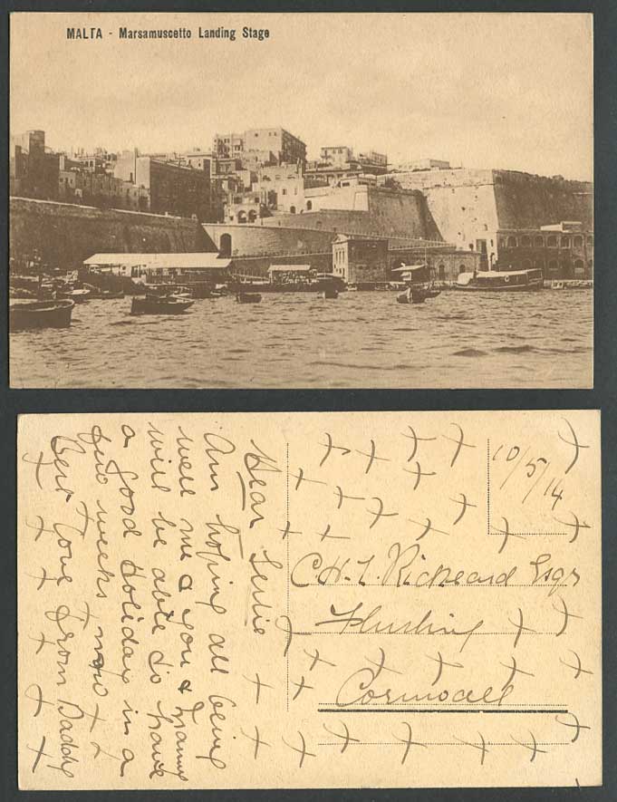 Malta 1914 Old Postcard Marsamuscetto Landing Stage Harbour Ferry Boats Panorama