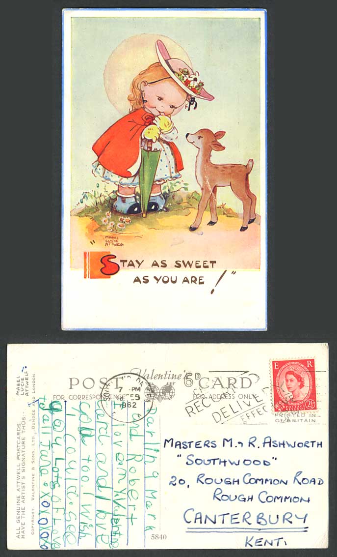 MABEL LUCIE ATTWELL 1962 Old Postcard Deer, Stay as Sweet 5840 Recorded Delivery