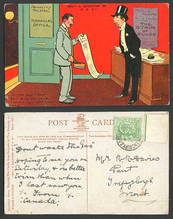 Tom B Browne 1912 Old Postcard Only a Question of £SD Gas Bill Frivolity Theatr