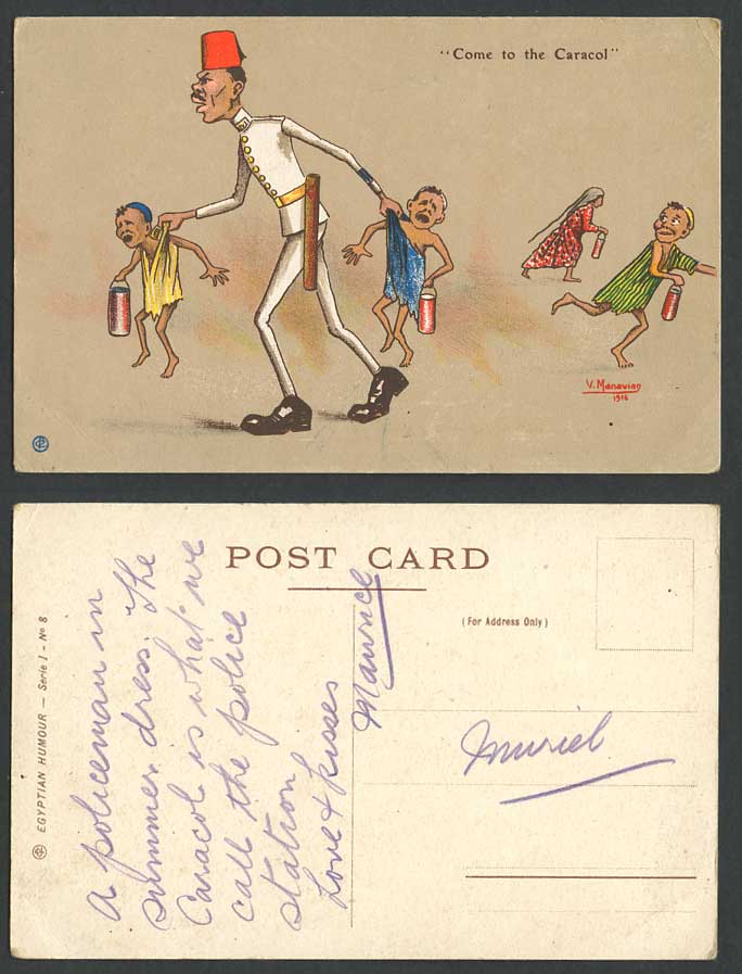 Egypt Come to The CARACOL V Manavian 1916 Old Postcard Police Summer Uniform Boy