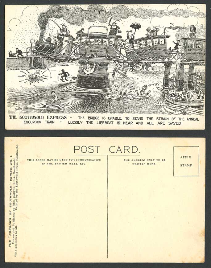 Southwold Express Locomotive Train Rail Bridge Lifeboat, Reg Carter Old Postcard