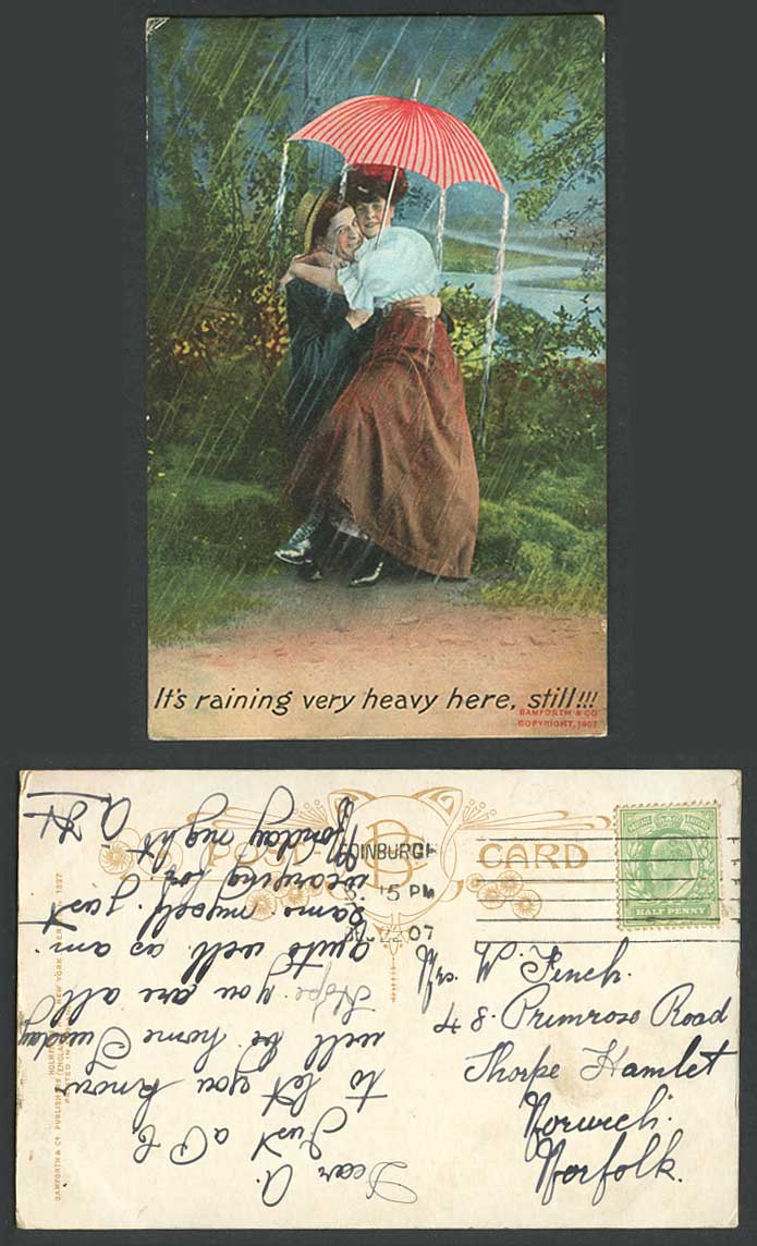 Romance It's Raining Very Heavy Here Still! Umbrella, Bamforth 1907 Old Postcard