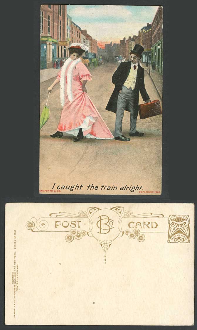 I Caught The Train Alright. Man and Glamour Lady Woman Street Scene Old Postcard