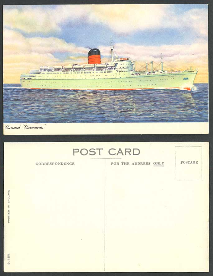 Cunard Carmania, Steam Ship, Steamer, Cruise Liner, Shipping Old Colour Postcard