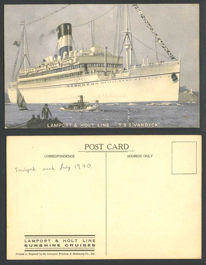 Lamport & Holt Line T.S.S. Vandyck Steamer Steam Ship Sunk Jul 1940 Old Postcard