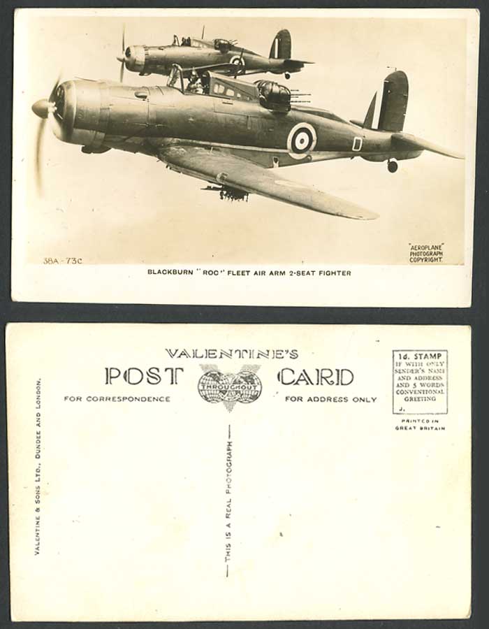 Blackburn ROC Fleet Air Arm 2-Seat Fighter Monoplane Old Postcard Warplanes Aero