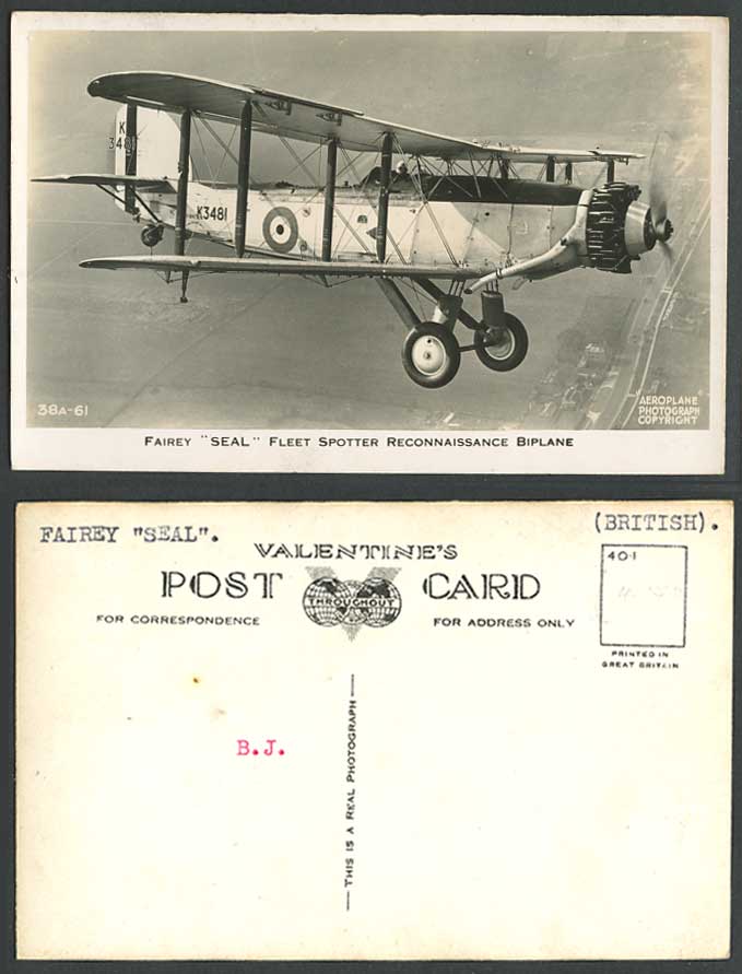 Fairey SEAL British Fleet Spotter Reconnaissance Biplane Old Real Photo Postcard