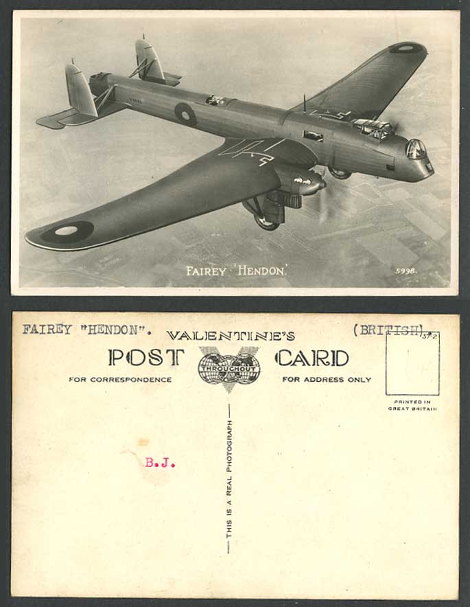 Fairey Hendon, British Monoplane Heavy Bomber, Royal Air Force Old R.P. Postcard