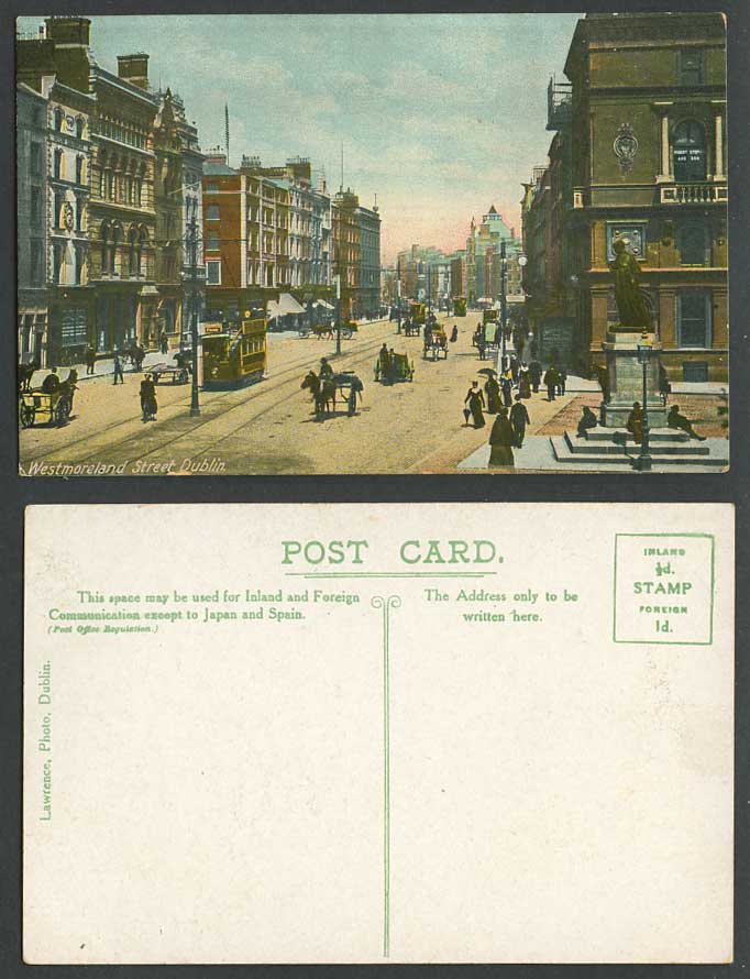 Ireland Co Dublin Old Postcard Westmoreland Street Scene Tram Horse Carts Statue