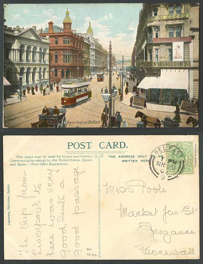 Northern Ireland Belfast Antrim 1907 Old Postcard Royal Avenue Street Scene TRAM