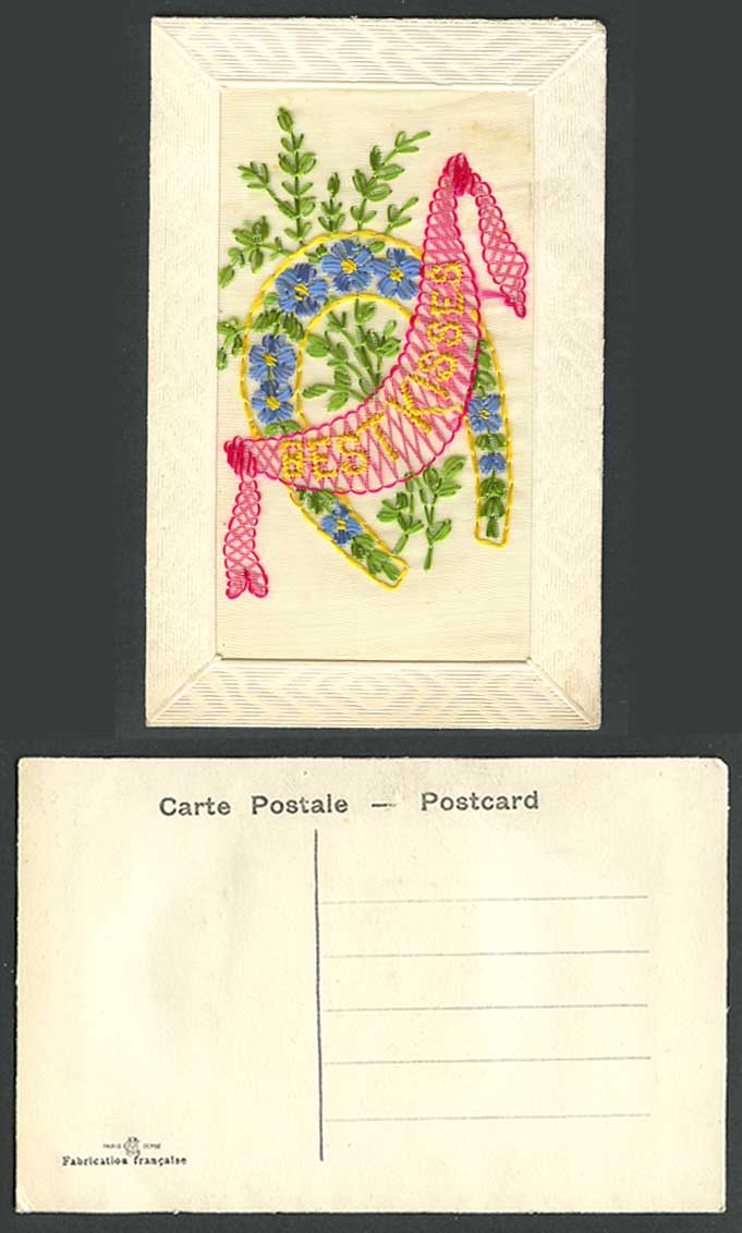 WW1 SILK Embroidered Old Postcard Best Kisses Horseshoe Horse Shoe Flowers Paris