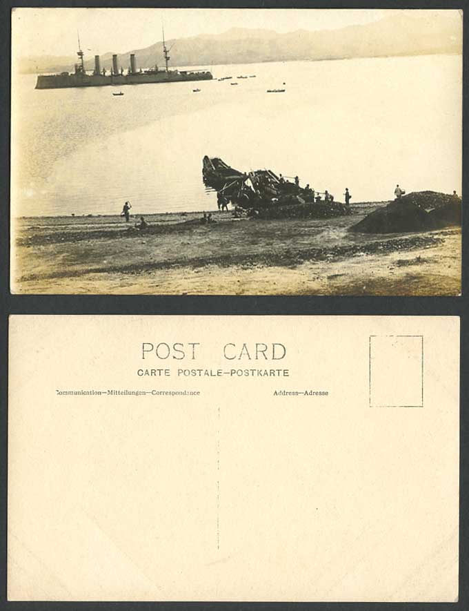 China Old Real Photo Postcard Weihaiwei Landing Place Loading Coal Warship Boats