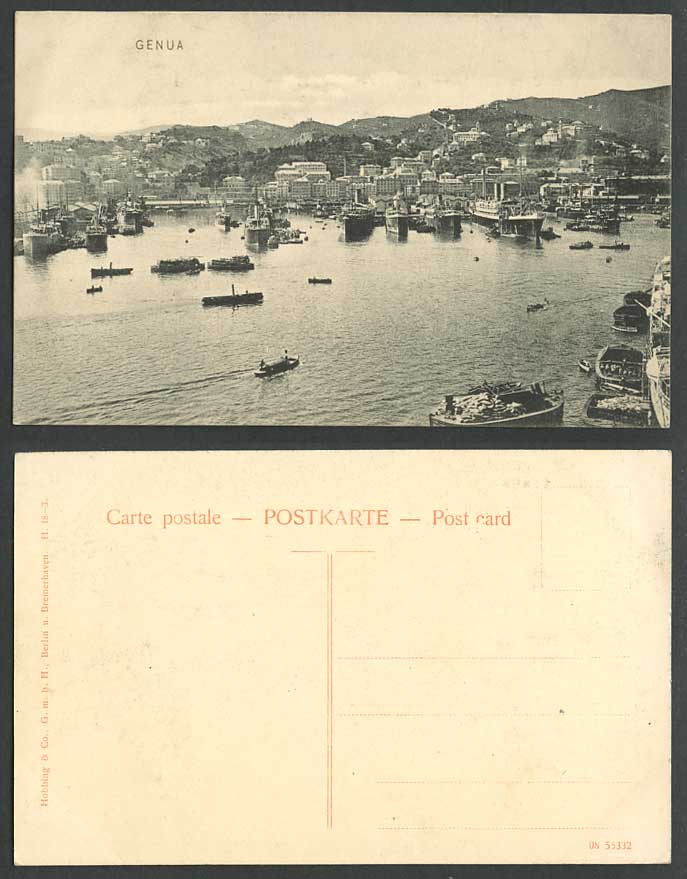 Italy Old Postcard Genua Genoa Genova Harbour Steam Ships Boat Steamers Panorama