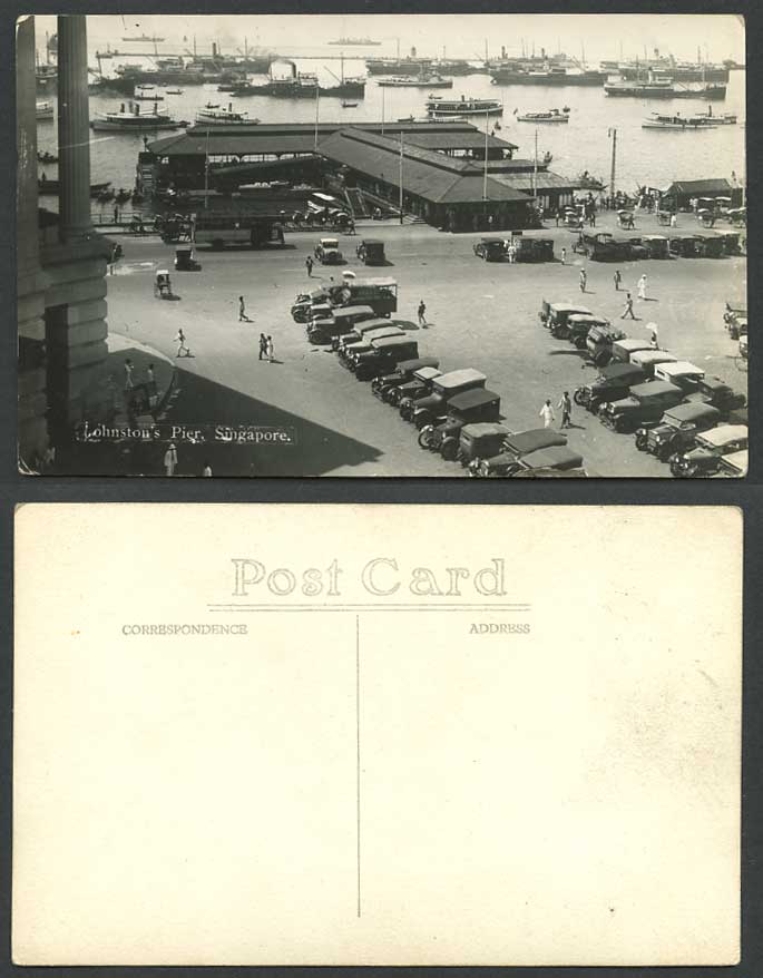 Singapore Old Real Photo Postcard Johnston's Pier, Harbour Street Scene Bus Cars