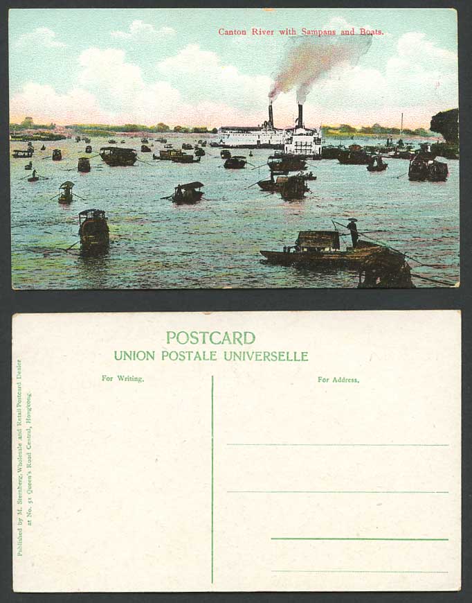 China Old Colour Postcard Canton River with Sampans & Boats Steamers Steam Ships