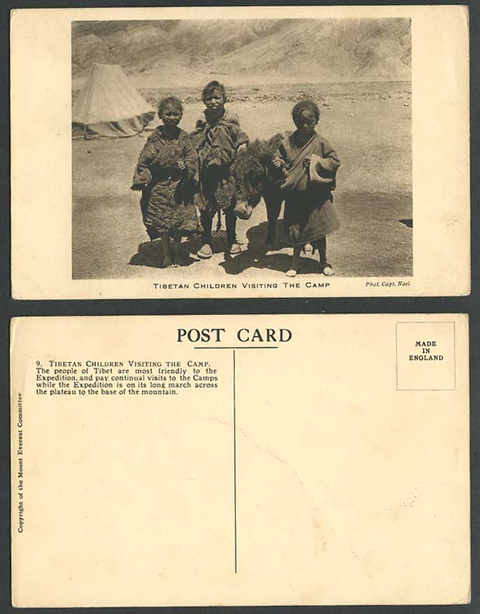 TIBET Old Postcard Mt Everest Expedition Tibetan Children Visit Camp Mule Donkey