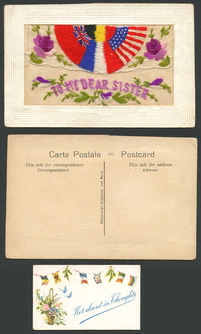 WW1 SILK Embroidered Old Postcard To My Dear Sister Flag Butterfly Flower Wallet