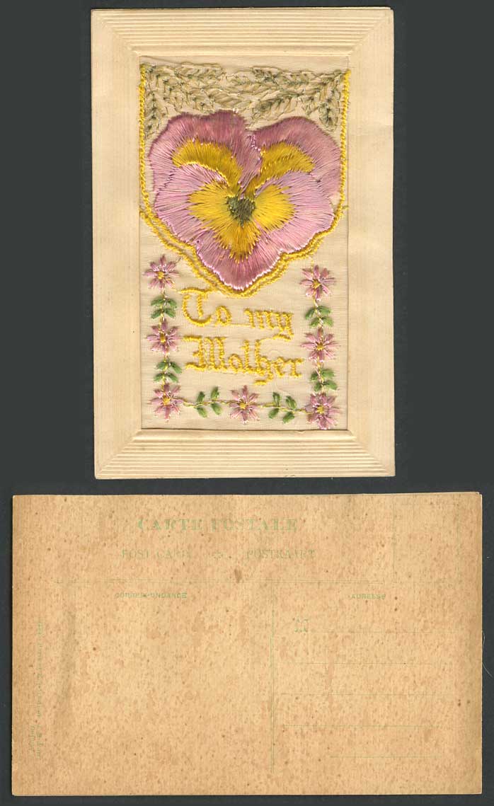 WW1 SILK Embroidered Old Postcard To My Mother Pink Yellow Pansy Flowers Pansies