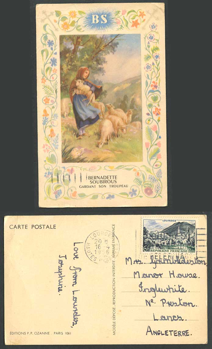 Sheep Lamb & Girl BS Bernadette Soubirous Gardant son Troupeau 1956 Old Postcard