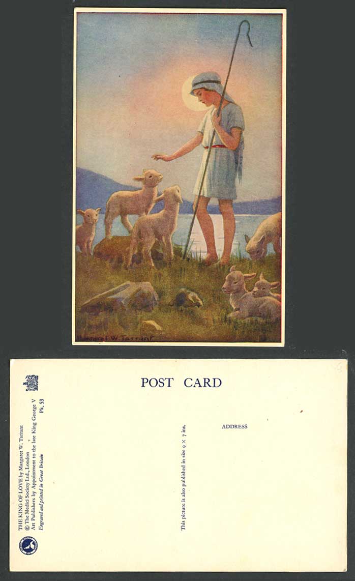 Margaret W. Tarrant Old Postcard The King of Love, Shepherd Boy Lambs Sheep Lake