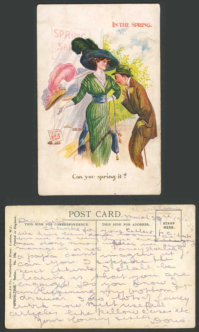 Glamour Lady Woman Hat Shop. In The Spring. Can You Spring it? 1916 Old Postcard