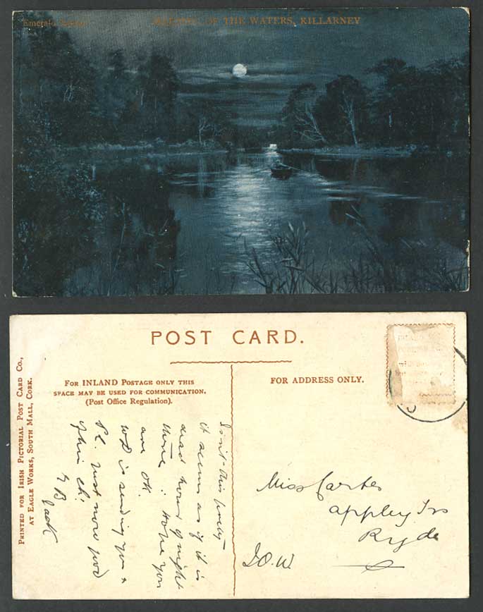 Ireland Kerry Killarney Old Postcard Meeting of The Waters, Night Full Moon Boat