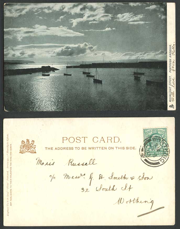 Northern Ireland 1903 Old Tuck's Postcard Portrush Harbour Moonlight Effect Boat