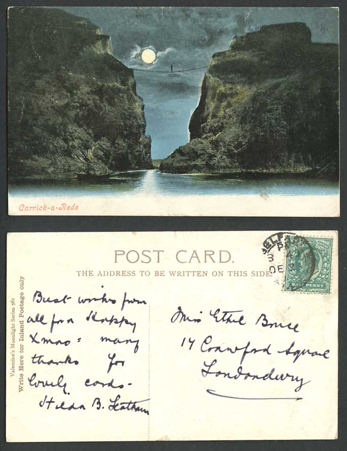 Northern Ireland CARRICK-A-REDE Rope Bridge Moonlight by Night 1904 Old Postcard