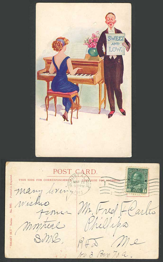 Piano Pianist Musician, Man Singer Singing Sweet and Low Roses 1913 Old Postcard