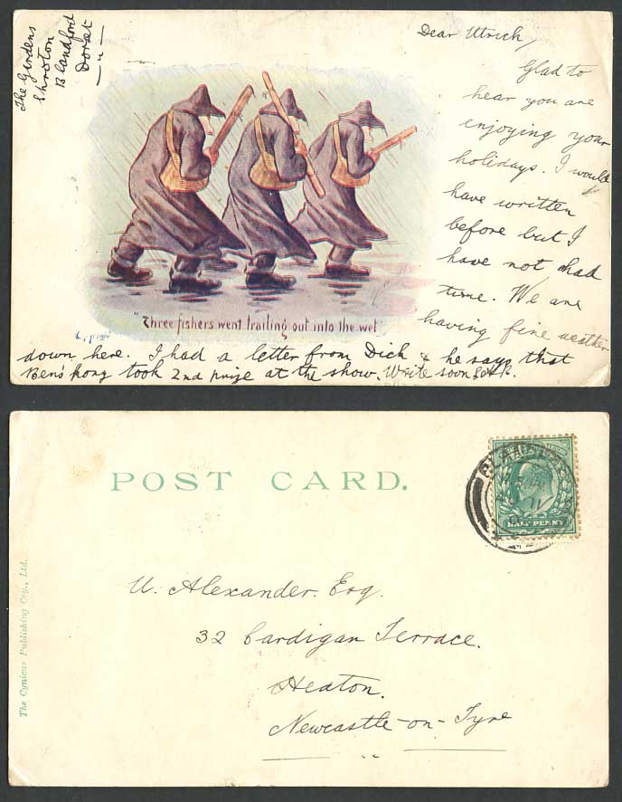 Cynicus Three Fishers Went Trailing Out Into the Wet Fishermen 1903 Old Postcard