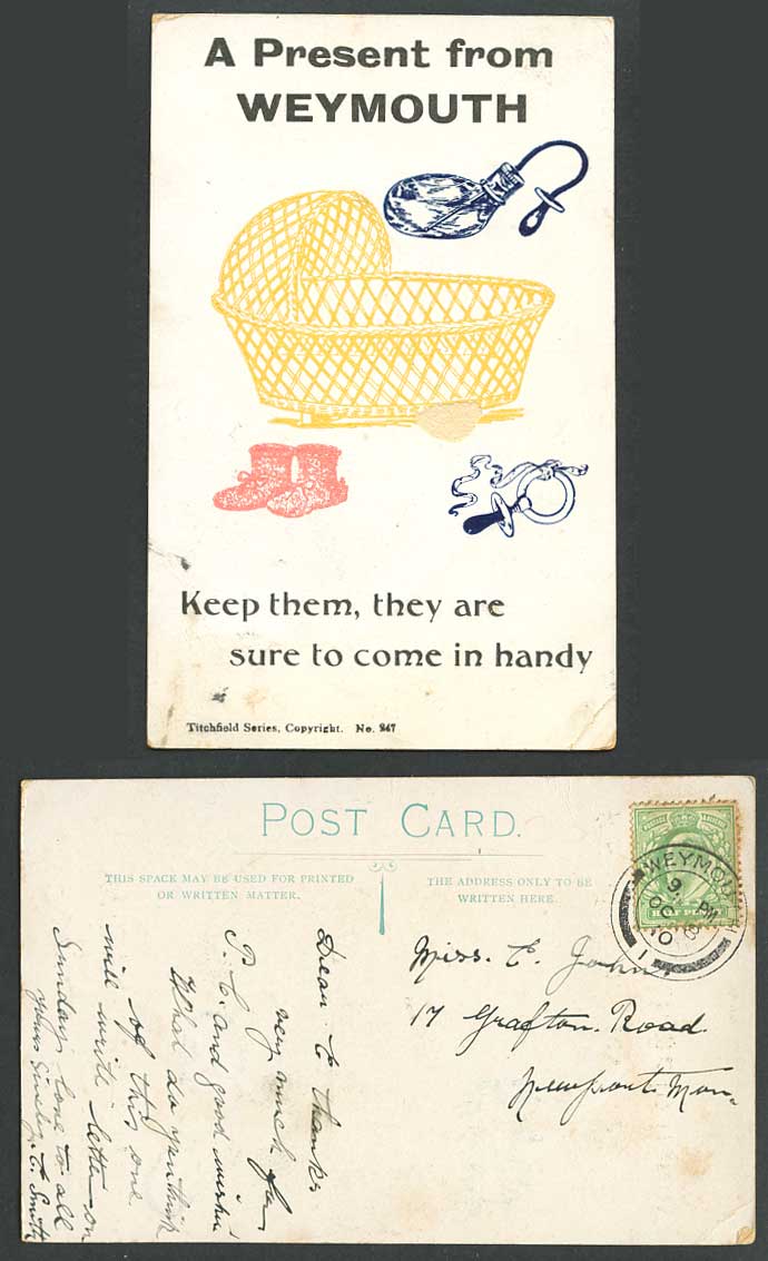 A Present from Weymouth, Sure to Come in Handy, Crib, Pacifier 1910 Old Postcard
