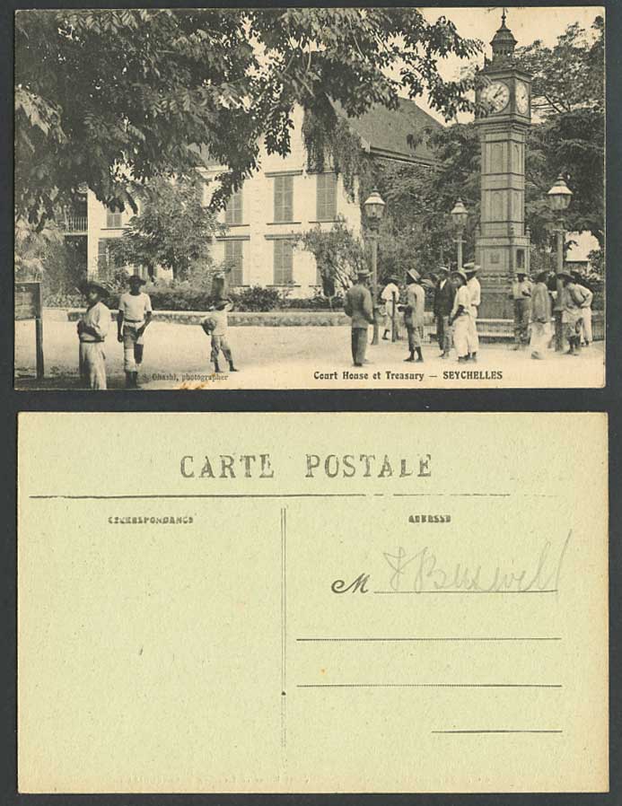 Seychelles Old Postcard Court House Treasury Bldg. Clock Tower Street Scene MAHE