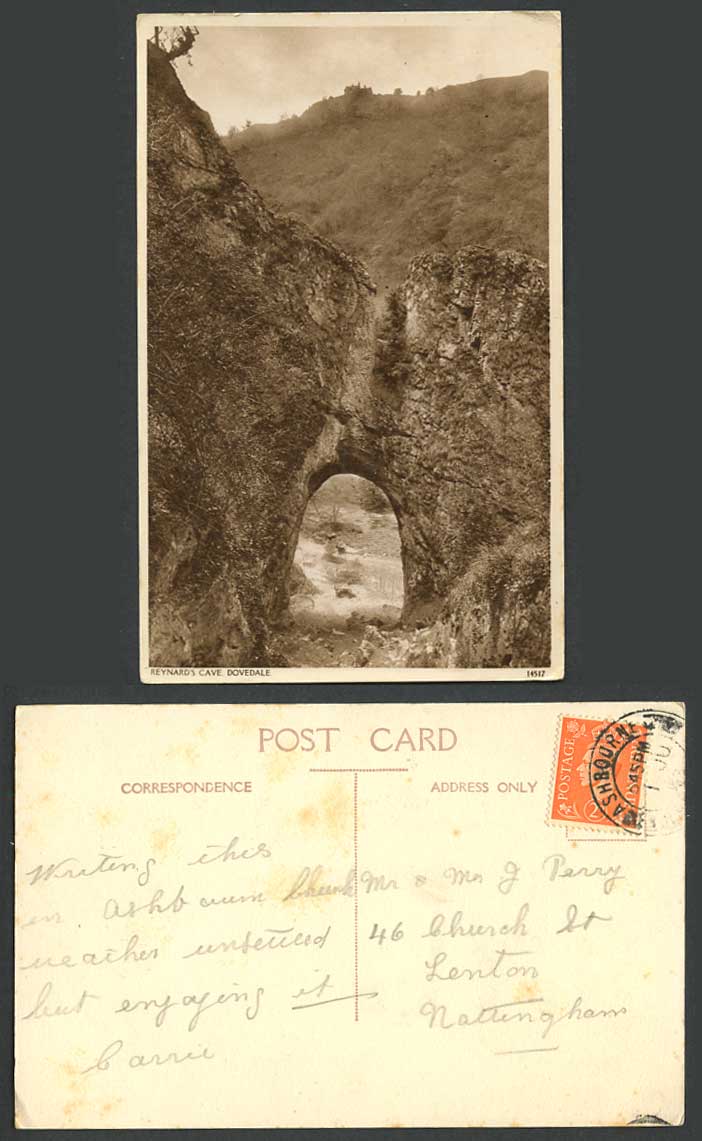 REYNARD'S CAVE Dovedale 1942 Old Postcard Arch Arched Rock Derbyshire No. 14517