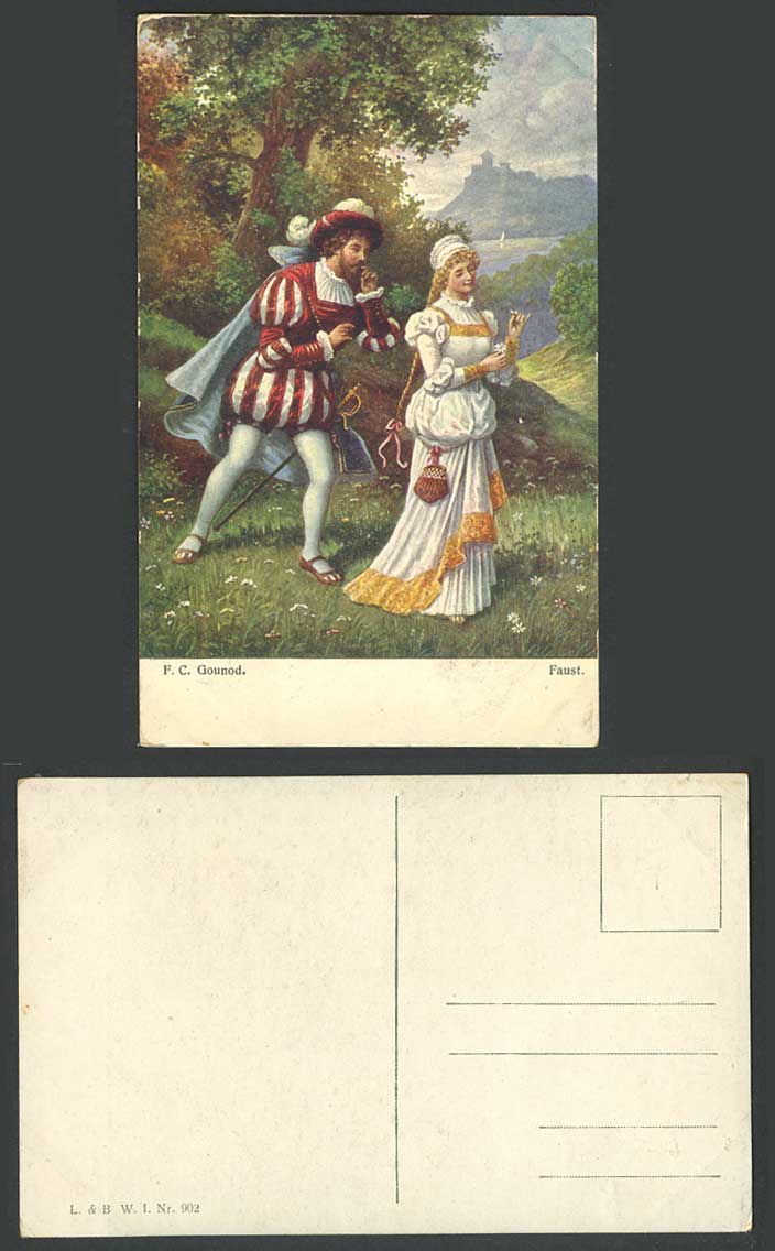 F.C. Gounod Faust Artist Drawn Romance Man Woman Costumes Old Color Postcard Art