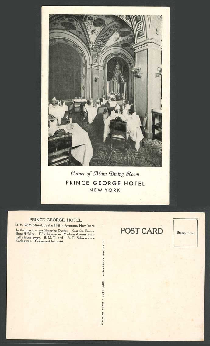 USA New York Old Postcard Prince George Hotel Interior - Main Dining Room Corner