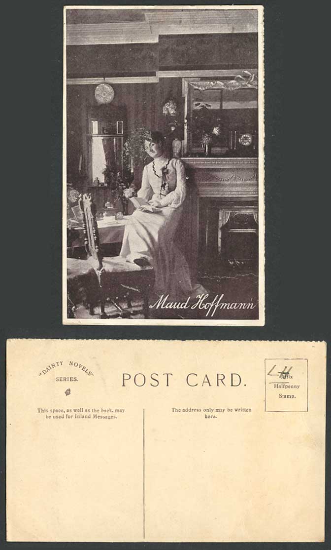 Actress Maud Hoffmann Reading a Book, Fireplace Clock Chair Vintage Old Postcard