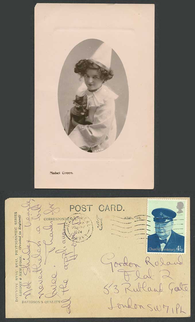 Actress Miss Mabel Green Holding a Cat Kitten, Churchill Old Real Photo Postcard