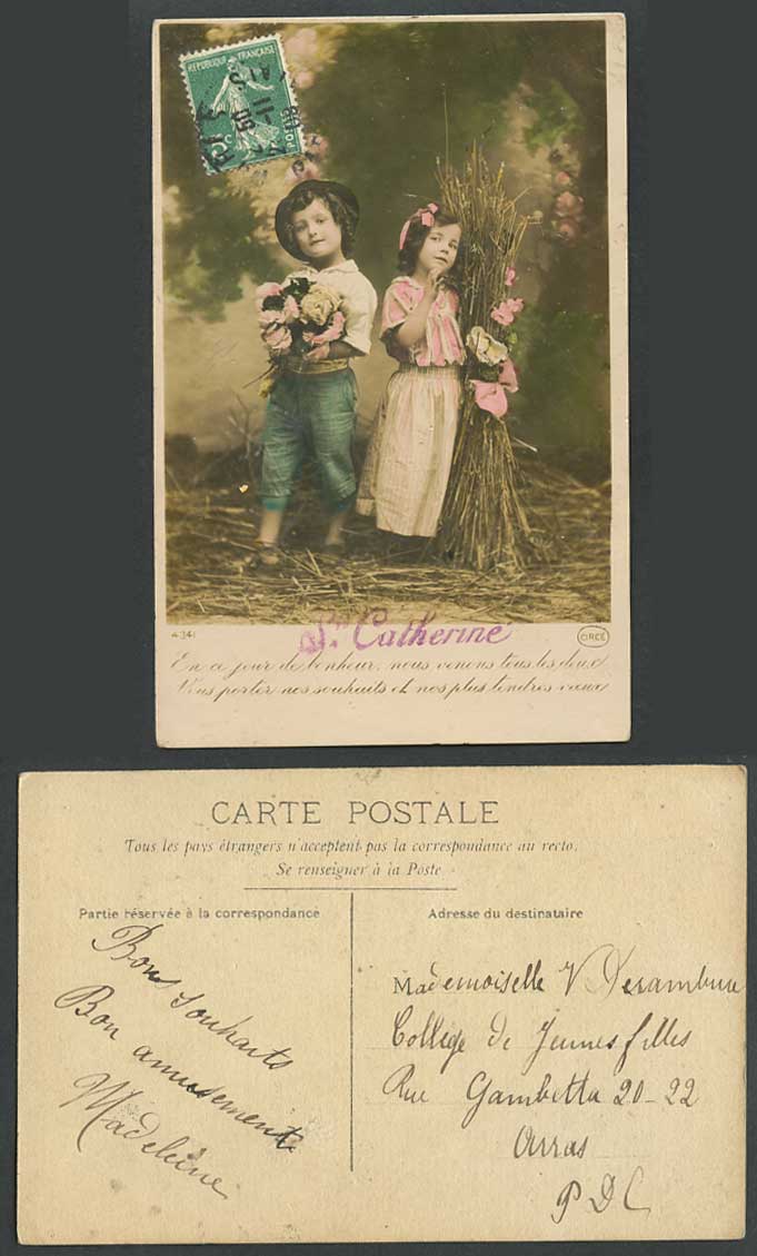 Children Little Boy Girl Roses Flowers Twigs French 5c 1908 Old R Photo Postcard