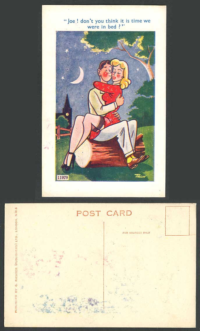 TROW Old Postcard Don't U think it is time we were in bed Romance Kiss Moon Star